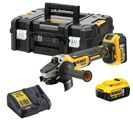 18V XR Brushless 125mm Grinder with 2 5Ah batteries and Dewalt DCG405P2 case