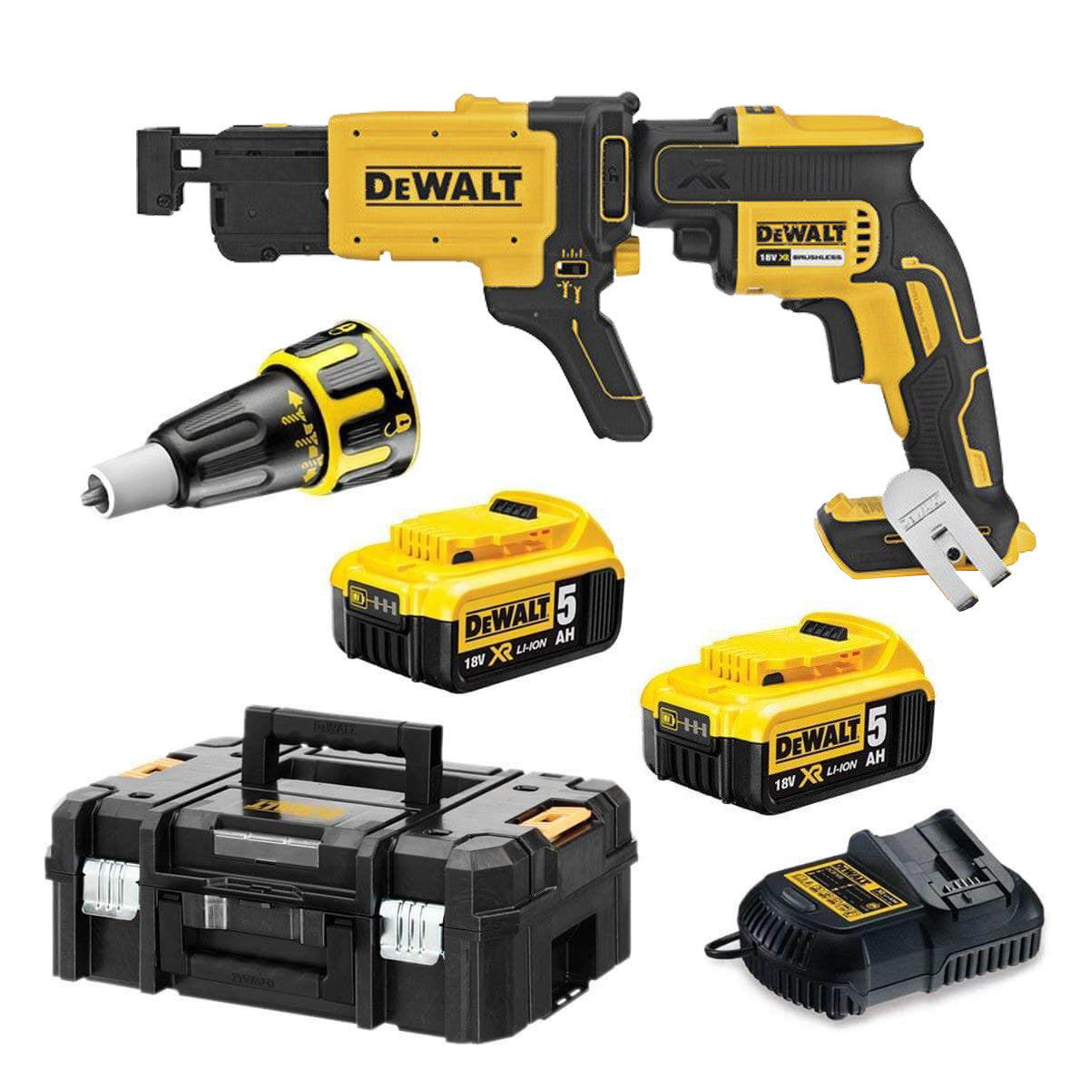 Dewalt 18v plasterboard screwdriver with 2 5.0 Ah batteries with case + DCF620P2K quick screw charger