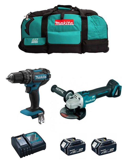 Makita Kit DHP482 hammer drill + DGA504 mini grinder + 2bat 5Ah + Charger + DLX2504BL2 bag