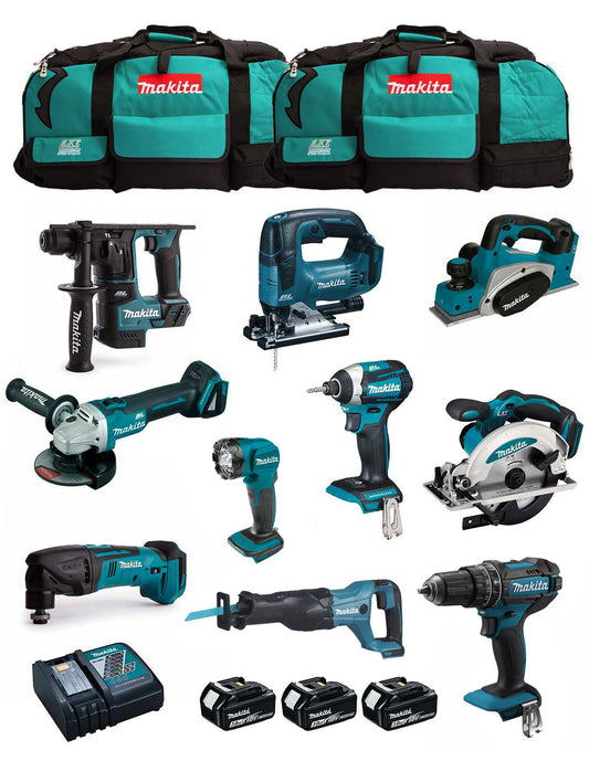 Makita kit with 10 tools + 3 3ah batteries + Charger + 2 DLX1080BL3 bags