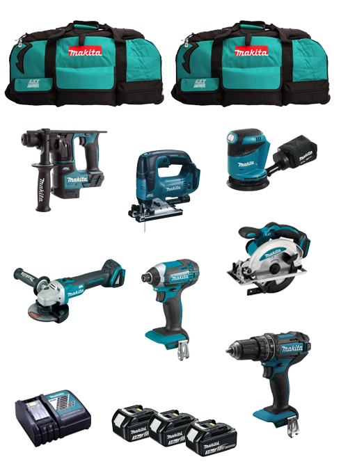 Makita kit with 7 tools + 3bat 5Ah + DC18RC charger + 2 LXT600 DLX7482BL3 bags