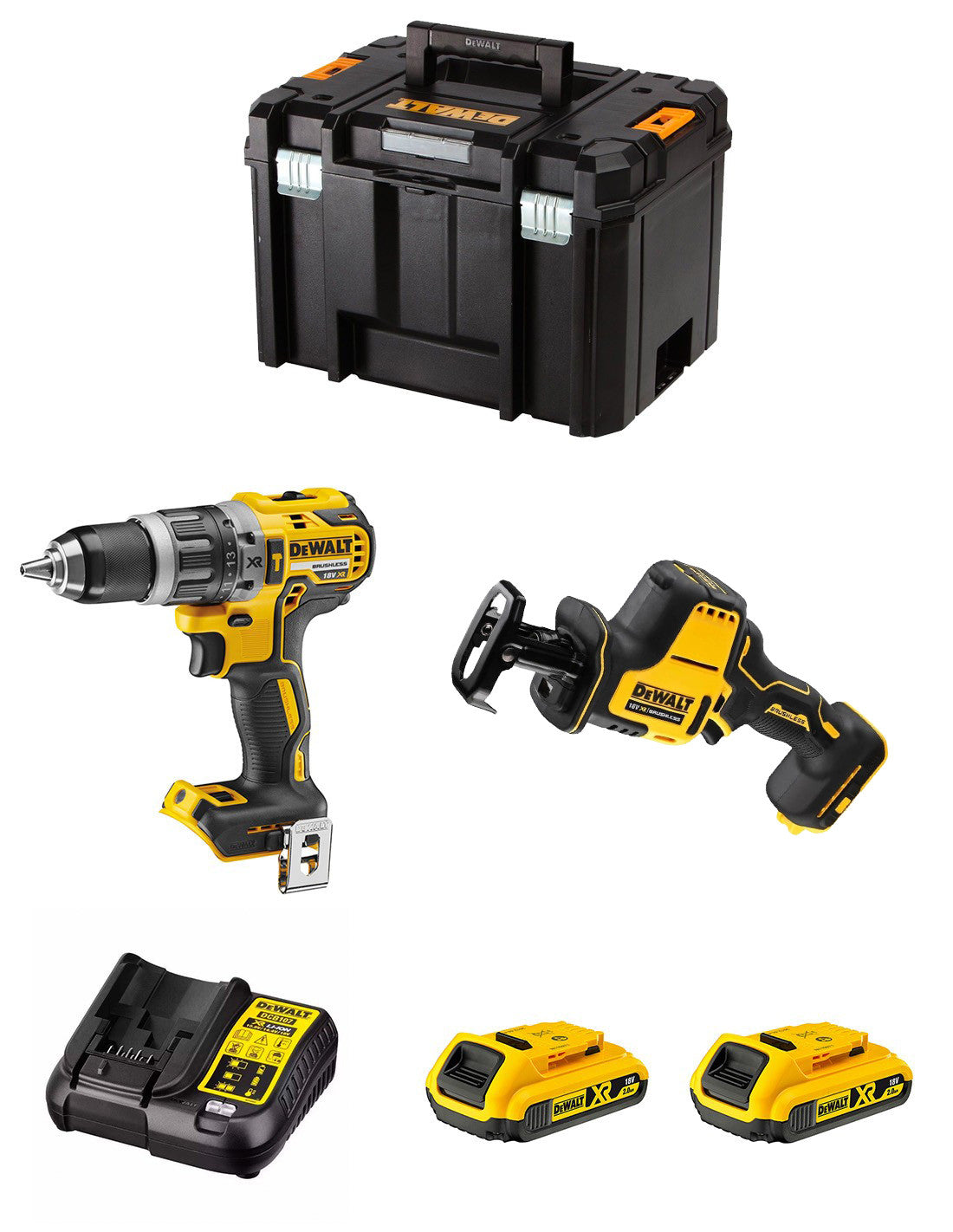 Kit Dewalt Taladro Percutor DCD796 + Sierra sable DCS369 + 2bat 2Ah + cargador DCB107 + TSTAK VI DCK269D2