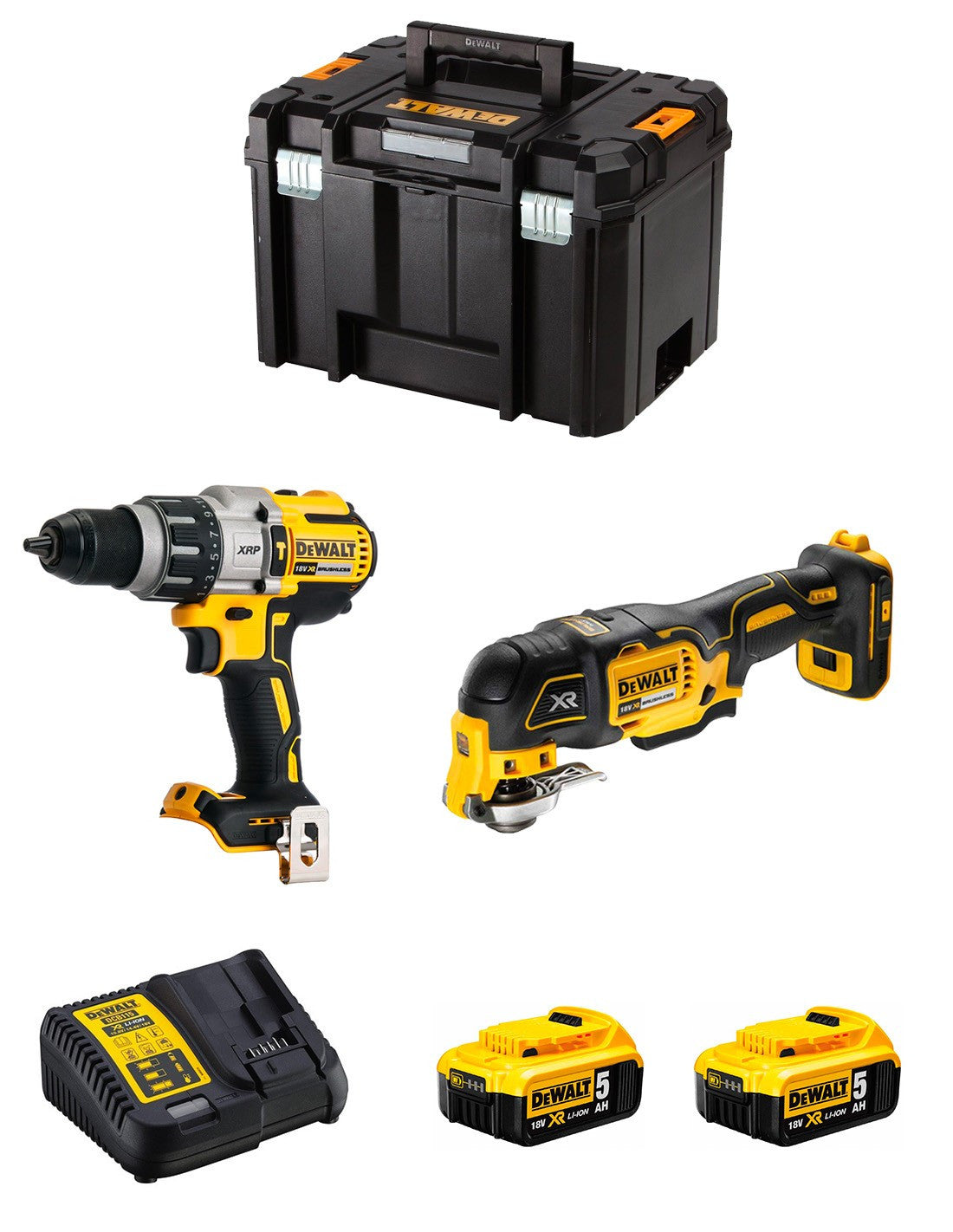 Kit Dewalt Taladro Percutor DCD996 + Multi-herramienta DCS356 + 2bat 5Ah + cargador + TSTAK VI DCK255P2