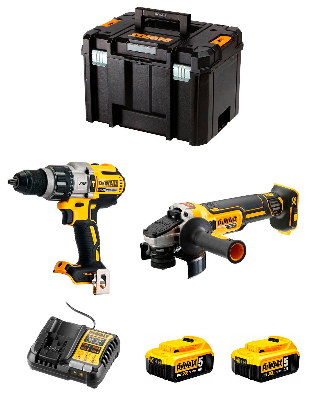 Dewalt DCD996 Hammer Drill Kit + DCG405 Mini-grinder + 2bat 5Ah + charger + TSTAK VI DCK205P2