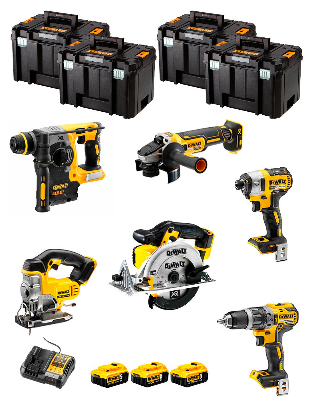 Kit Dewalt 6 herramientas + 3 bat 5ah + Cargador DCB1104 + 4xTstak VI Kit DCK691P3