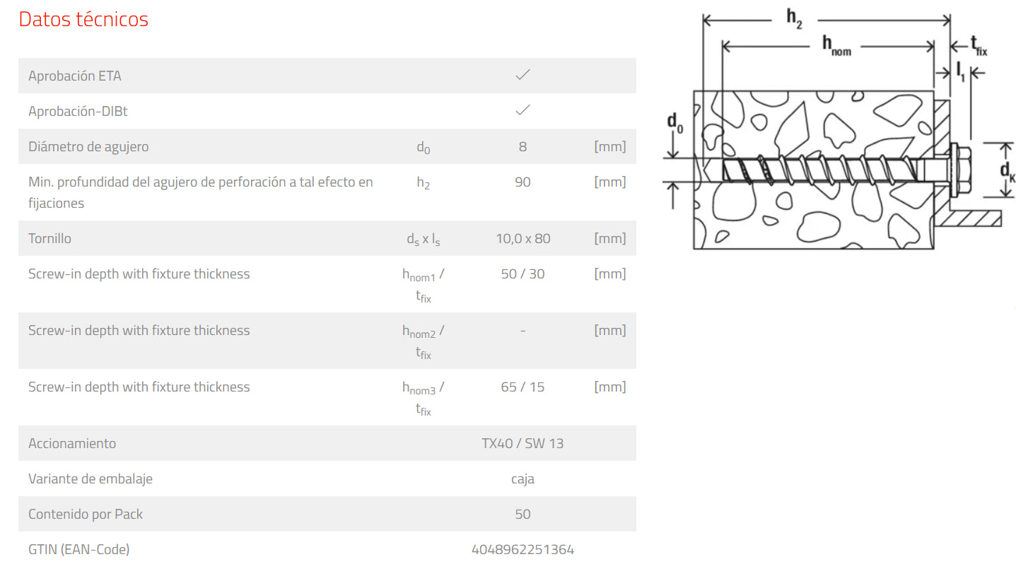 Caja 4 uds tornillo de hormigon UltraCut FBS II 8 x 80 30/15 US TX Fischer FISCHER - 2