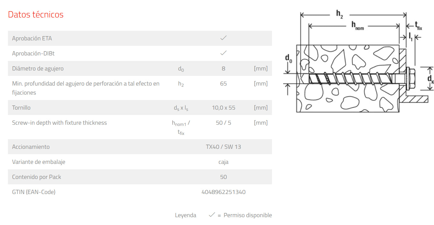 Caja 4 uds tornillo de hormigon UltraCut FBS II 8 x 55 5/- US TX Fischer FISCHER - 2