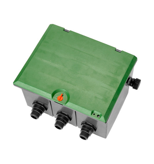 Underground valve box for three Gardena 1255-20 irrigation valves