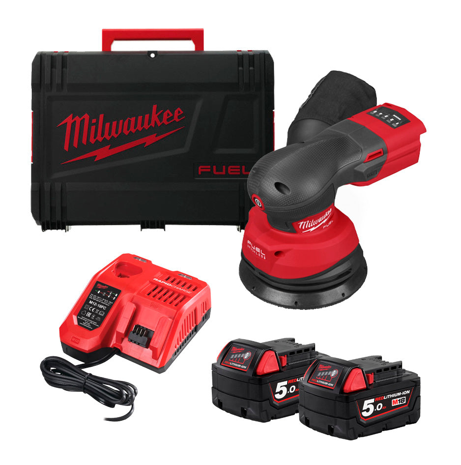 Lijadora Rotorbital M18 Fuel 125mm + 2bat 5Ah + Cargador + Maletín Milwaukee M18 FROS125-502X