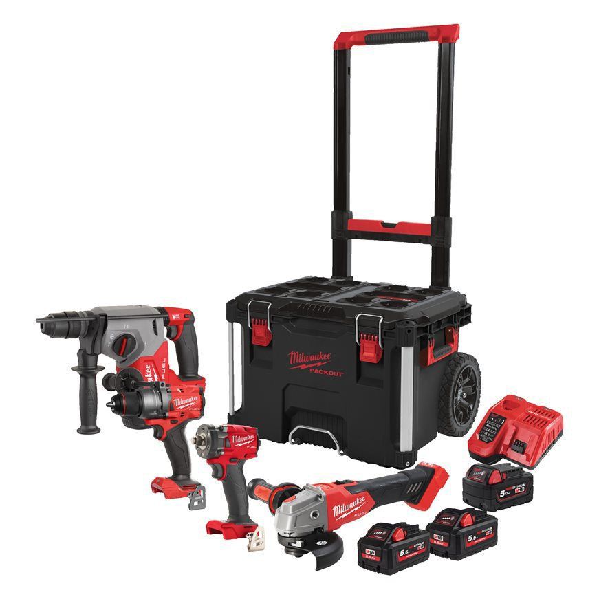 Powerpack 4 herramientas + 2bat 5.5Ah + Bat 5Ah + Cargador + Carro Milwaukee M18FPP4C-555T MILWAUKEE - 1