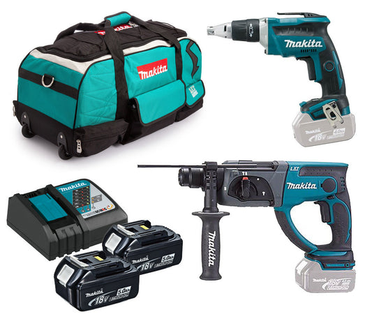 Makita 18V Plasterboard Combo: DFS452 Screwdriver + DHR202 Light Hammer + (2) 5.0Ah Batteries + Carry Bag