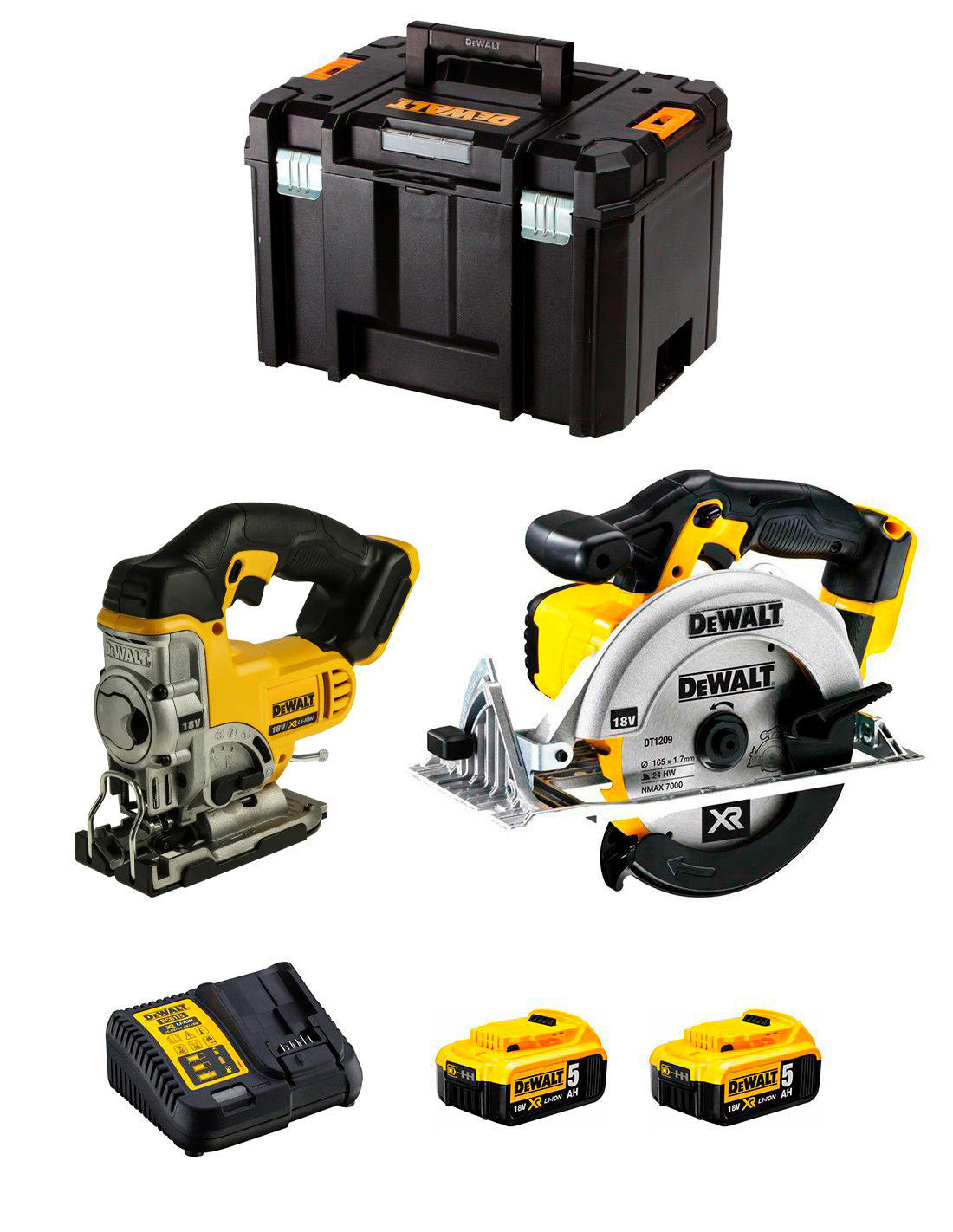 Kit Dewalt Sierra de Calar DCS331 + Sierra Circular DCS391 + 2bat 5Ah + Cargador + TSTAK VI DCK215P2