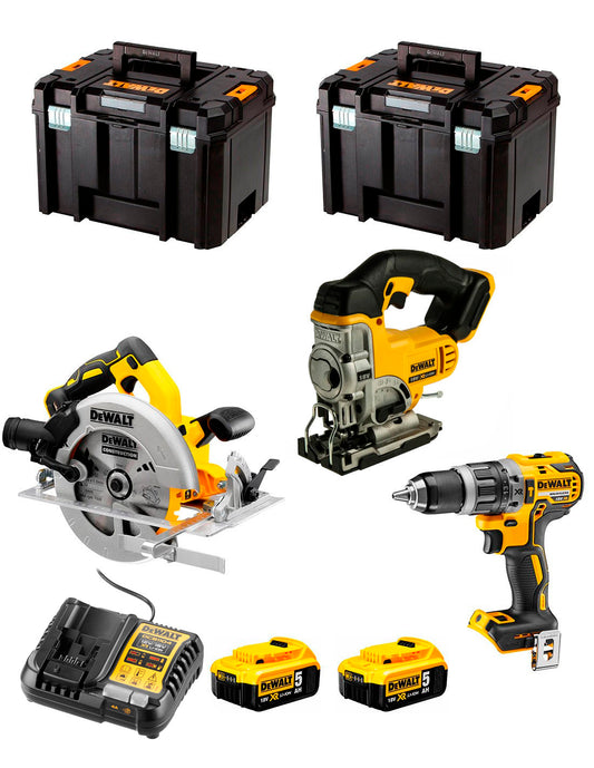 Kit Dewalt Taladro Percutor DCD796 + Sierra de Calar DCS334 + Sierra Circular DCS572 + 2bat 5Ah + Cargador + 2xTSTAK VI DCK370P2