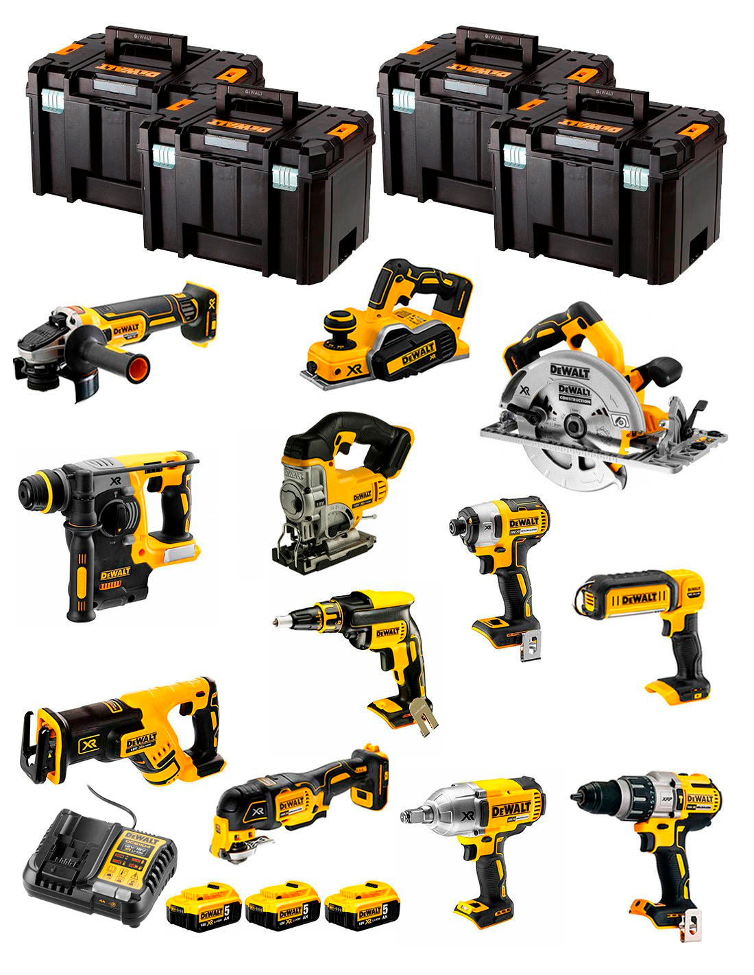 Kit Dewalt 12 herramientas + 3bat 5Ah + Cargador DCB1104 + 4xTSTAK DCK127P3