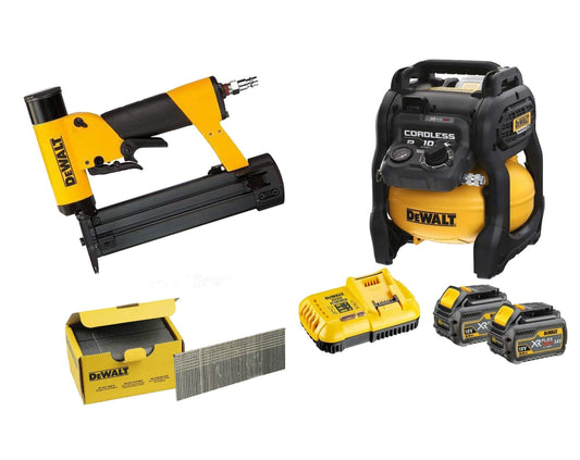 Combo Clavadora Pin DPN2330 + Compresor DCC1054T2 + caja con 20.000 mini pins Dewalt CPROF532