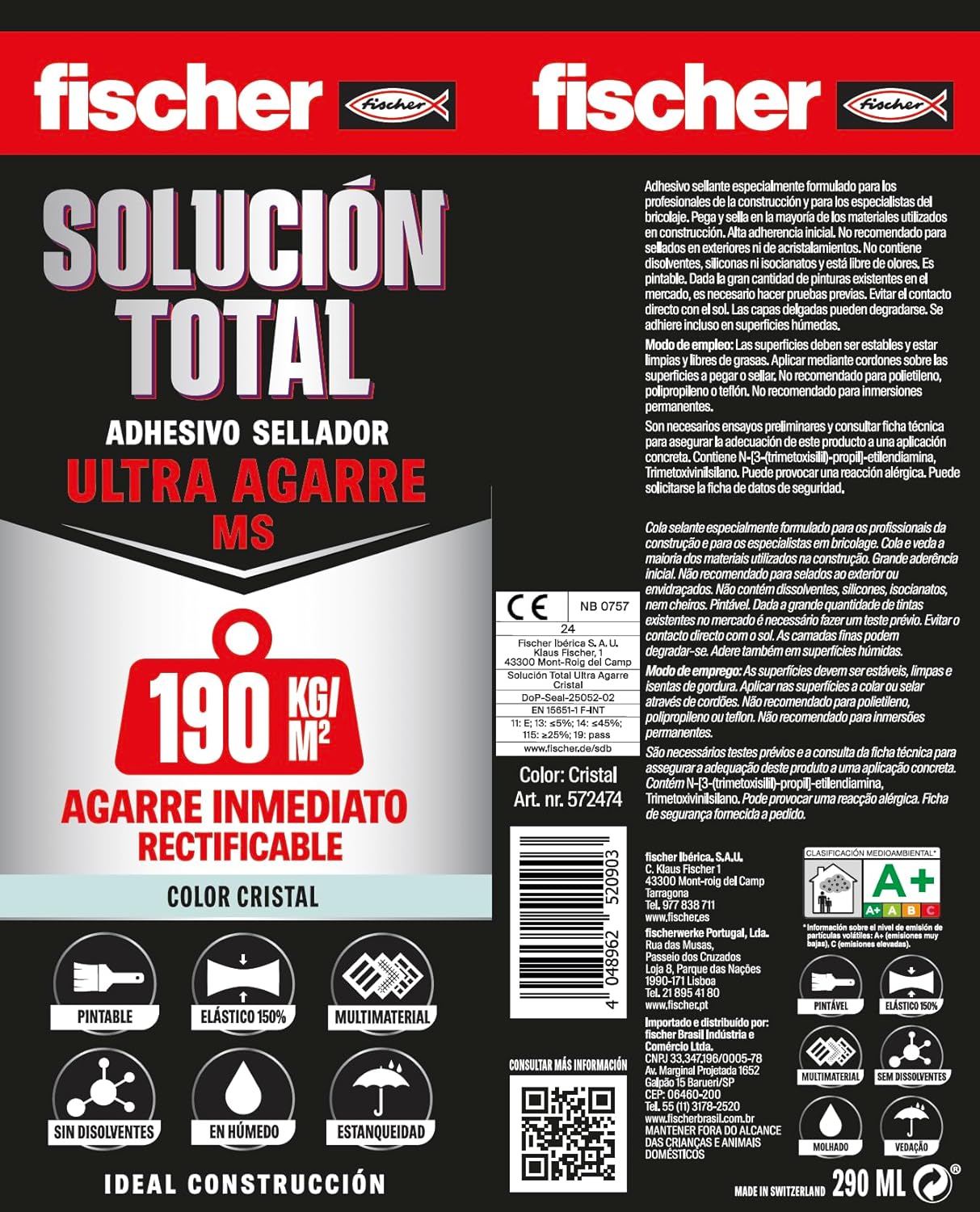 Cartucho Adhesivo Sellador Fischer Solucion Total Ulta Agarre MS 290ml