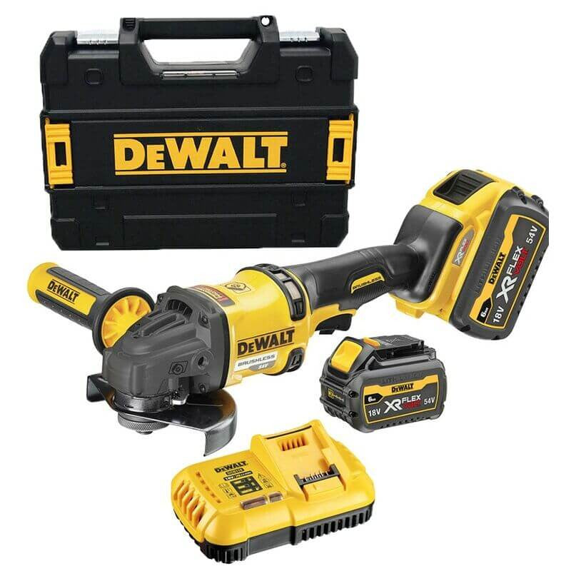 XR FLEXVOLT 54V/18V 125mm brushless mini-grinder with 2 6Ah batteries and Dewalt DCG418T2 case