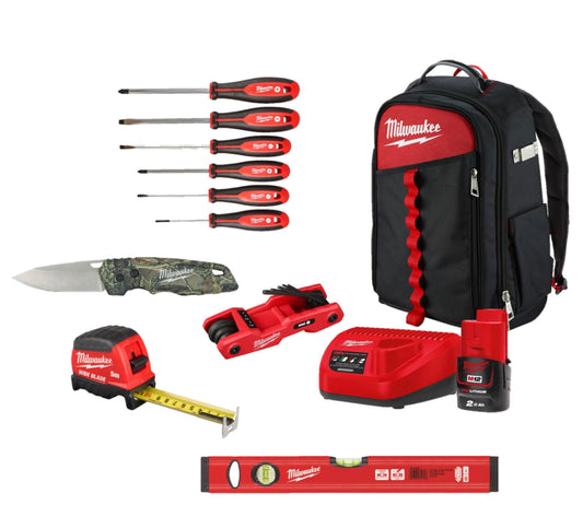 Conjunto especial con herramientas manuales + cargador + bateria + mochila Jobsite Milwaukee