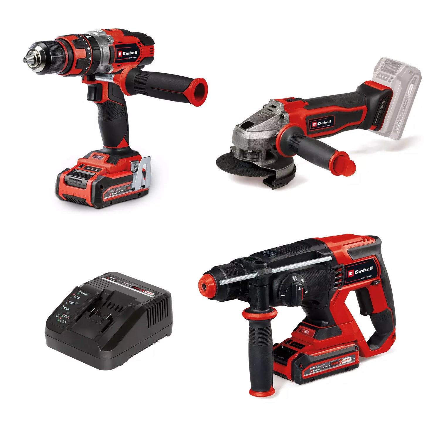 18V Drill + Hammer Drill + Grinder + 2 x 3.0Ah Batteries + Charger Set Einhell TE-TK 18/3 Li +2 (CD+AG+HD)
