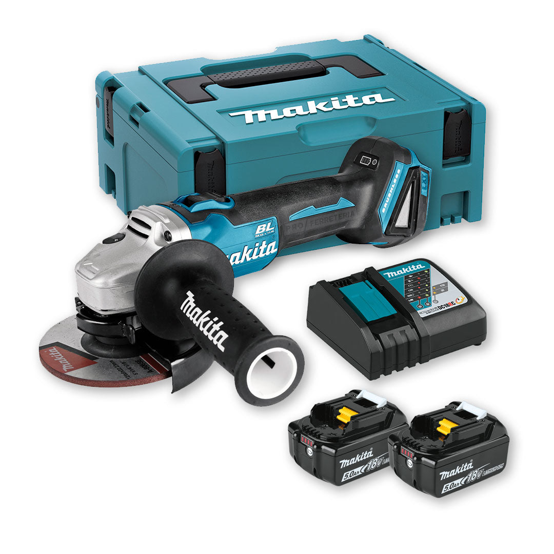 Miniamoladora 18V con 2 baterias 5Ah + Carregador + Maletín Makita DGA504RTJ