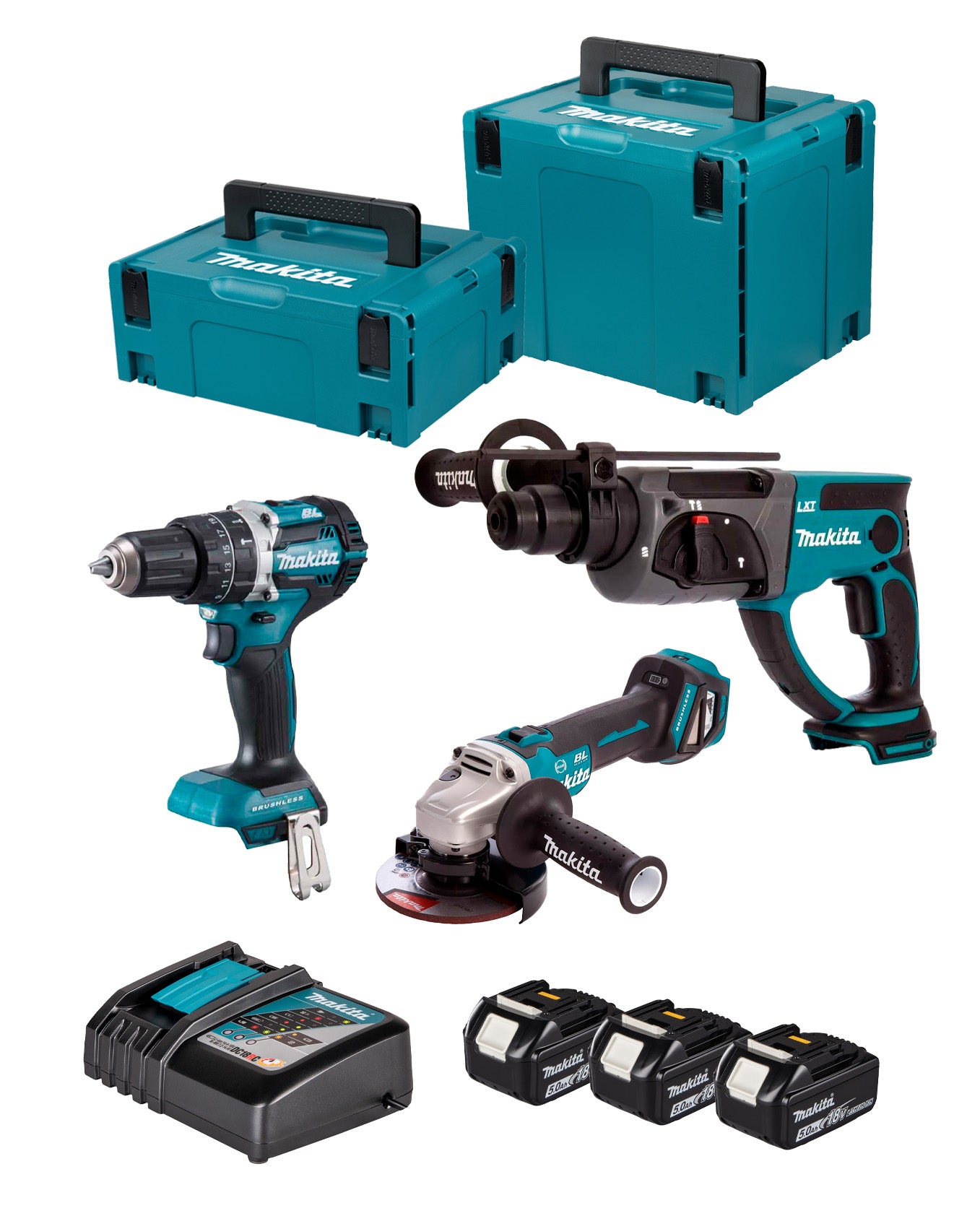 Makita DLX3093TJ 18V Combo Kit: Drill DHP4984 + Grinder DGA513 + Hammer DHR202 + 3 x 5Ah Batteries + Charger + Carrying Case